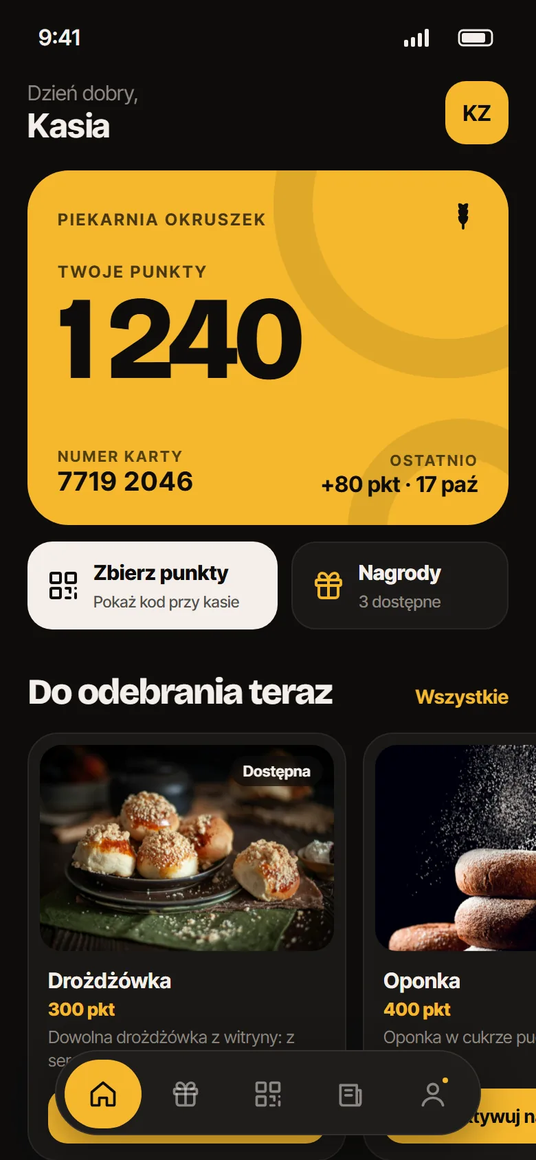Aplikacja lojalnościowa dla piekarni: ekran startowy z kartą punktów
