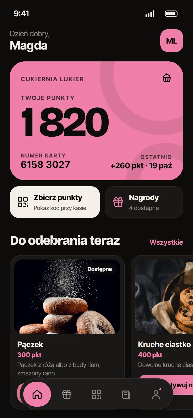 Aplikacja lojalnościowa dla cukierni: ekran startowy z kartą punktów